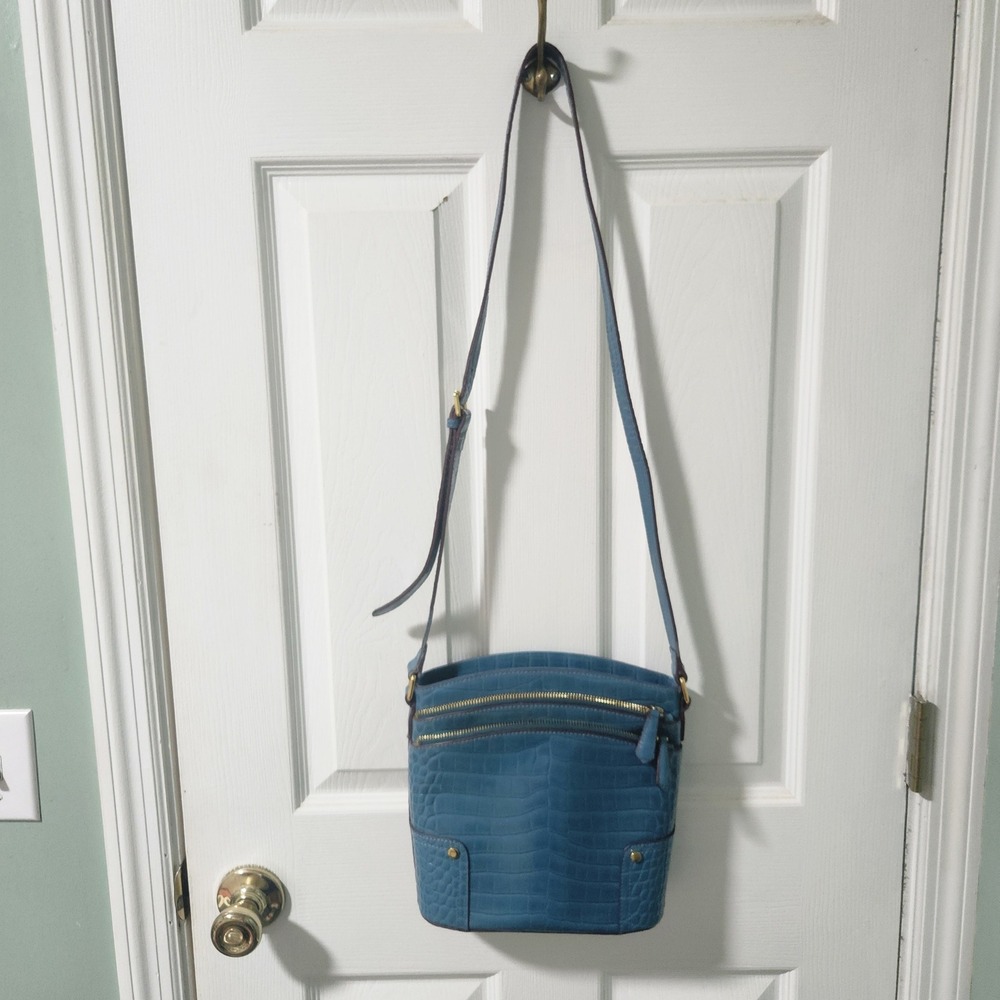 Ainifeel Blue Crocodile Embossed  Crossbody Bucket Bag Gold Hardware